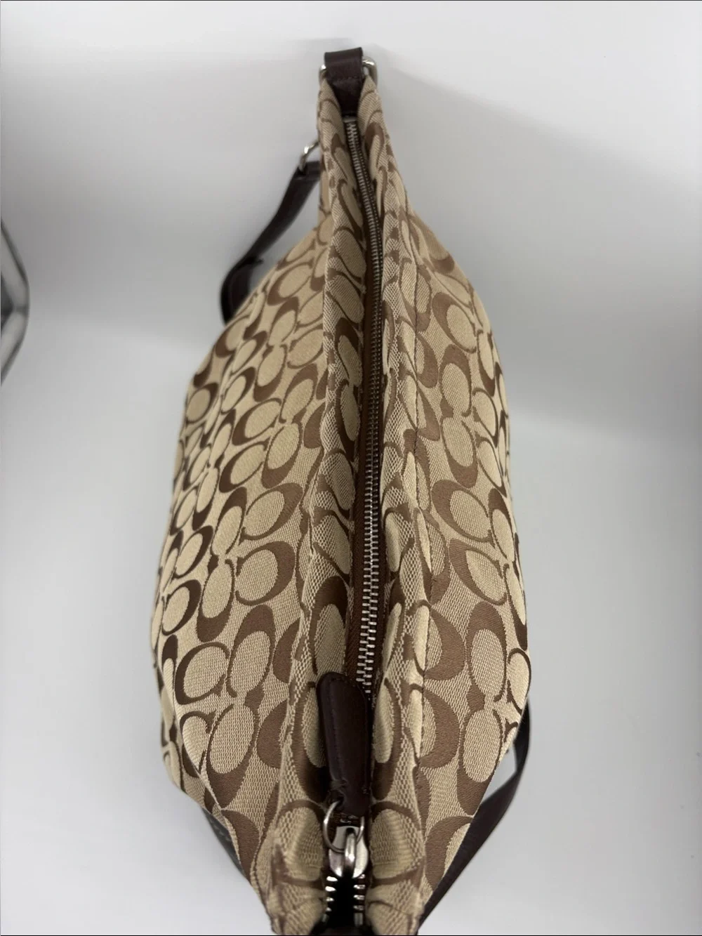 Coach Brown & Beige Signature Canvas Shoulder Bag with Dark Brown Leather Trim